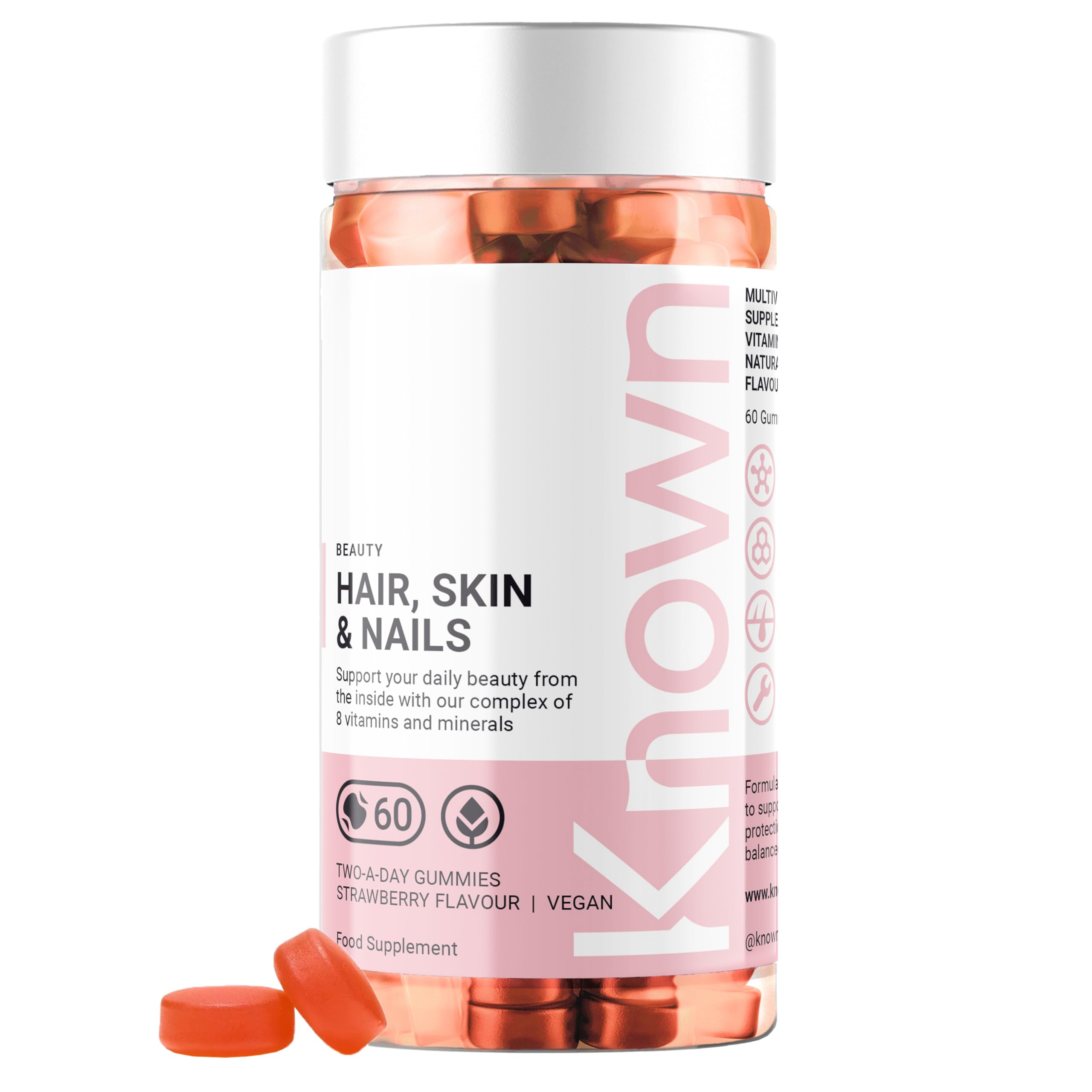 Hair, Skin & Nails Vitamin Gummies by Known | 60 Two-a-Day Vitamin Gummies (One Monthís Supply) | Natural Botanical Extract | for Healthy Hair, Skin & Nails | Strawberry Flavoured Gummies (Pack of 1)