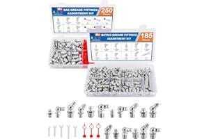 EilxMag 435PCS Grease Fittings Assortment, SAE & Metric Hydraulic Grease Zerk Assortment Kit, 1/4 1/8 M6 M8 M10 with Straight 45° 90° Zerk Grease Fittings with Grease Fitting Caps and Wrench(7-11mm)