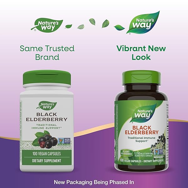 NATURE’S WAY BLACK ELDERBERRY CAPSULES, TRADITIONAL IMMUNE SUPPORT* SUPPLEMENT WITH ELDERBERRY AND ELDERFLOWER, PLANT POWERED, 100 CAPSULES (PACKAGING MAY VARY)