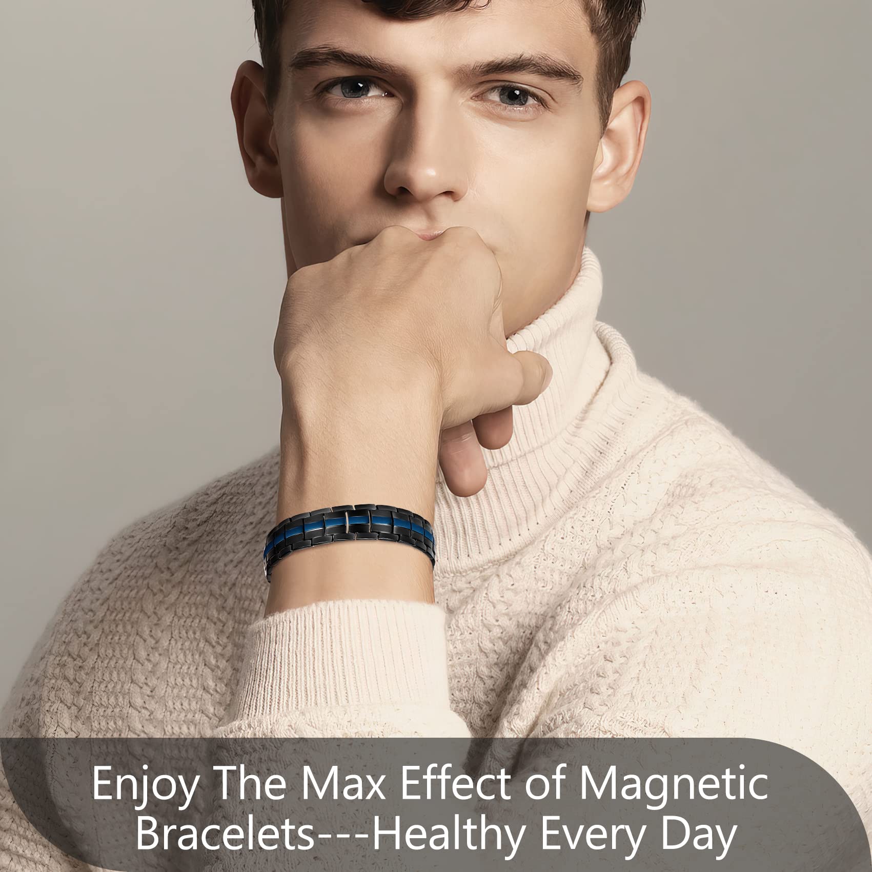 Feraco Magnetic Bracelets for Men, Titanium Steel Magnet Bracelet with Double Rows Effective 4 Elements Stones