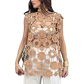 Yimoon Womens Hollow Out Floral Lace Vest Sleeveless Long Crochet Cover Up Crewneck Going Out Tops