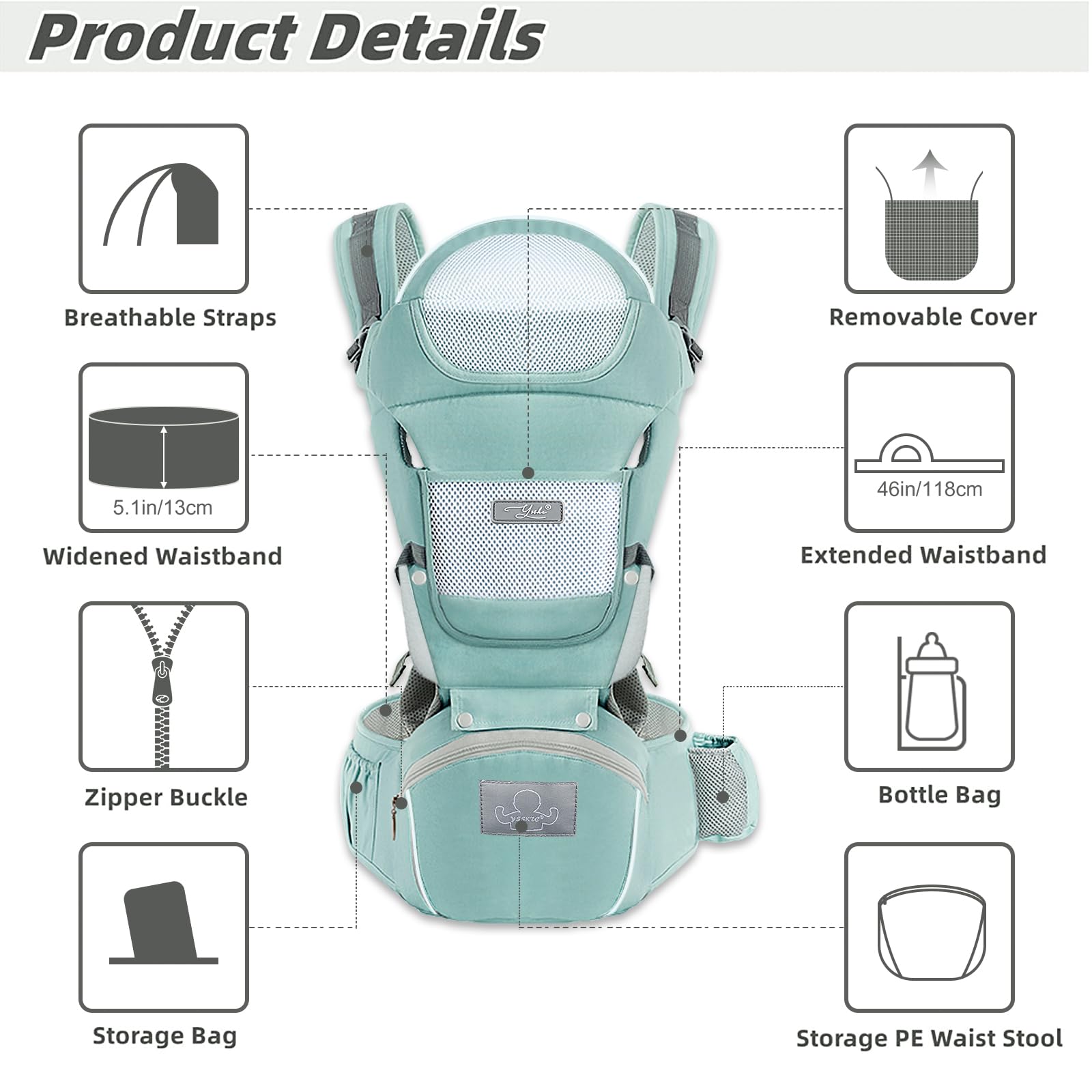 YSSKTC Baby Carrier Ergonomic Infant Carrier with Hip Seat Kangaroo Bag Soft Baby Carrier Newborn to Toddler 7-45lbs Front and Back Baby Holder Carrier for Men/Women Dad Mom