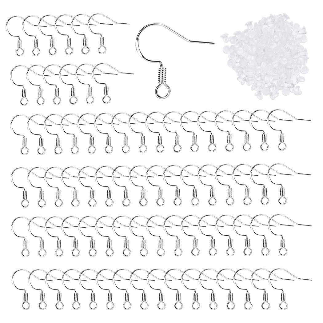 Earring Hooks, 100 Pcs 925 Sterling Silver Ear Wires Fish Hook with 120 Pcs Clear Rubber Ear Stoppers, Earring Making Supplies for DIY, Jewellery Making