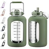 MUKOKO 100oz Glass Water Bottle with Time Marker and Silicone Sleeve 3L Large Water Jug with Stainless Steel Handle Gallon Drinking Bottle with 2-in-1 Lid Wide Mouth BPA Free, Oliver