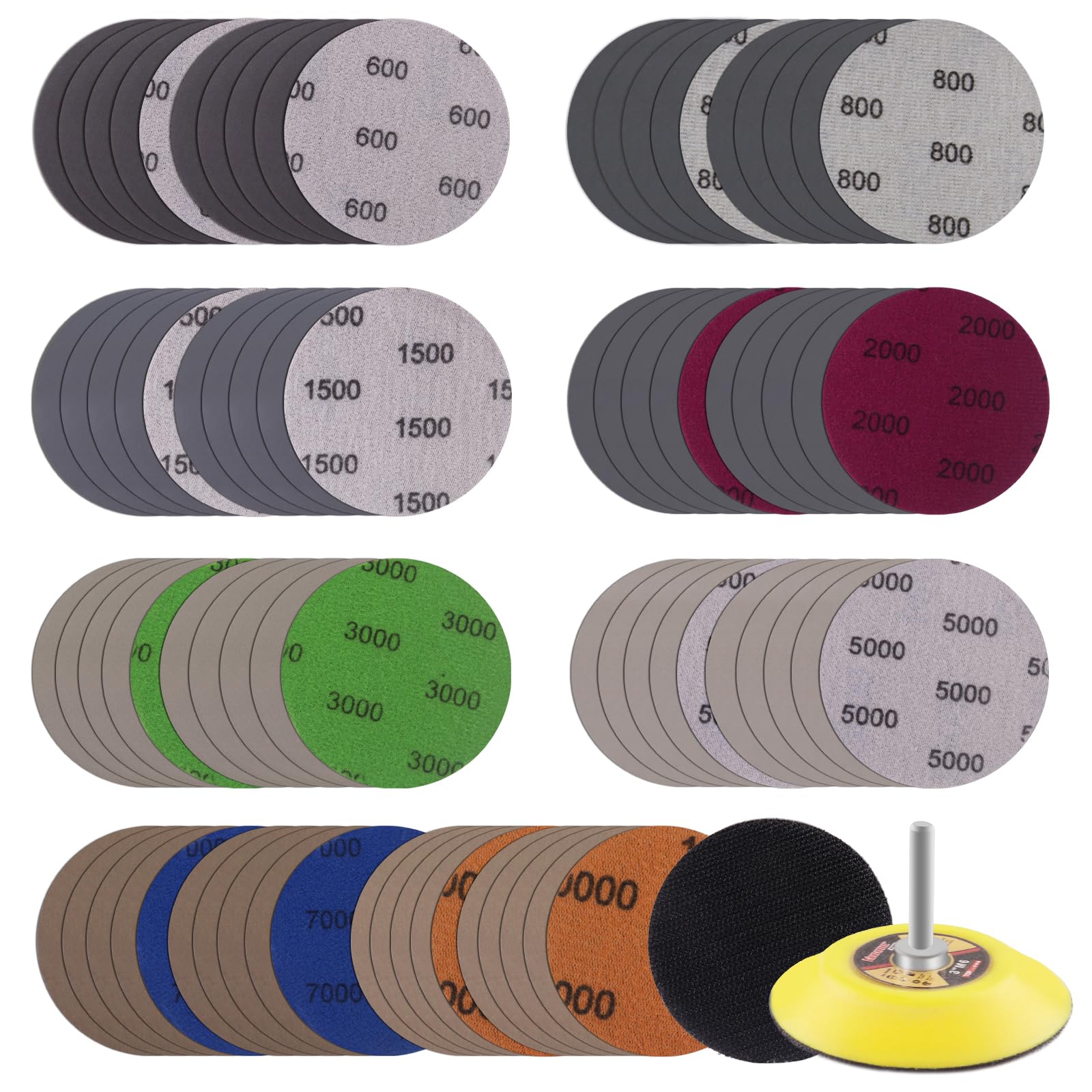MAXMAN 3 Inch Sandpaper (75mm) Silicon Carbide Wet/Dry Hook & Loop Sanding Discs Assorted 600/800/1500/2000/3000/5000/7000/10000 Grit with 1/4 inch Shank Sanding Pad & Foam Buffering Pad (83pcs)