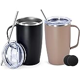 Icesip 16oz Insulated Coffee Mug with Lid, 2Pack Stainless Steel Tumbler with Handle, Double Wall Vacuum Travel Coffee Mug with Handle for Working Travel Driving, Black&Moca