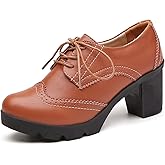 DADAWEN Women's Classic T-Strap Platform Mid-Heel Square Toe Oxfords Dress Shoes
