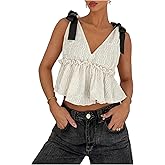 MakeMeChic Women's Bow Strap Deep V Neck Ruffle Hem Crop Top Cami Tank Top Sleeveless Textured Blouse