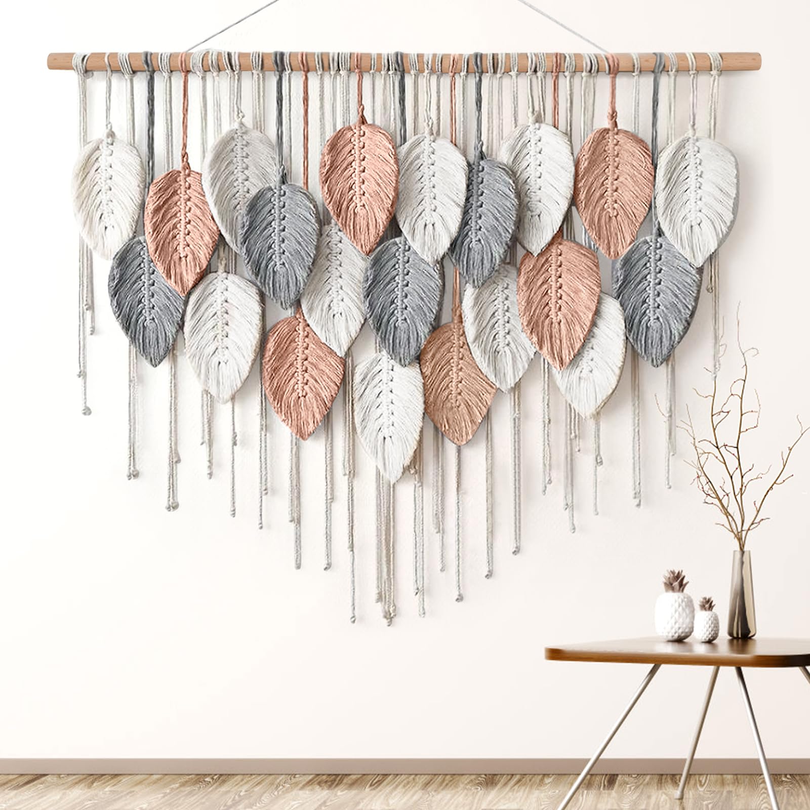 ASTNIC Macrame Wall Hanging Leaf Tapestry, Large Boho Handmade Woven Tassel Tapestry Bohemian Chic Home Wall Art Decor for Bedroom Living Room Apartment Craft Decoration (Pink)