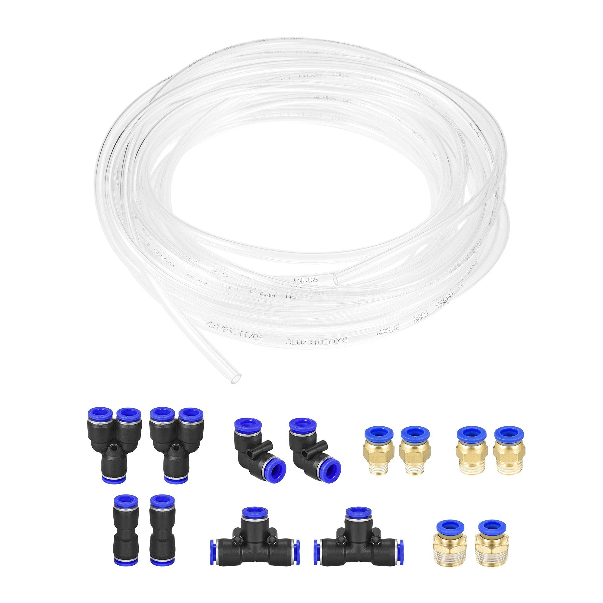 sourcing map Pneumatic Air Hose Tubing PU Air Compressor Tube 5mmID x 8mmOD x 10m Pipe Transparent with 7 Type Connect Fittings