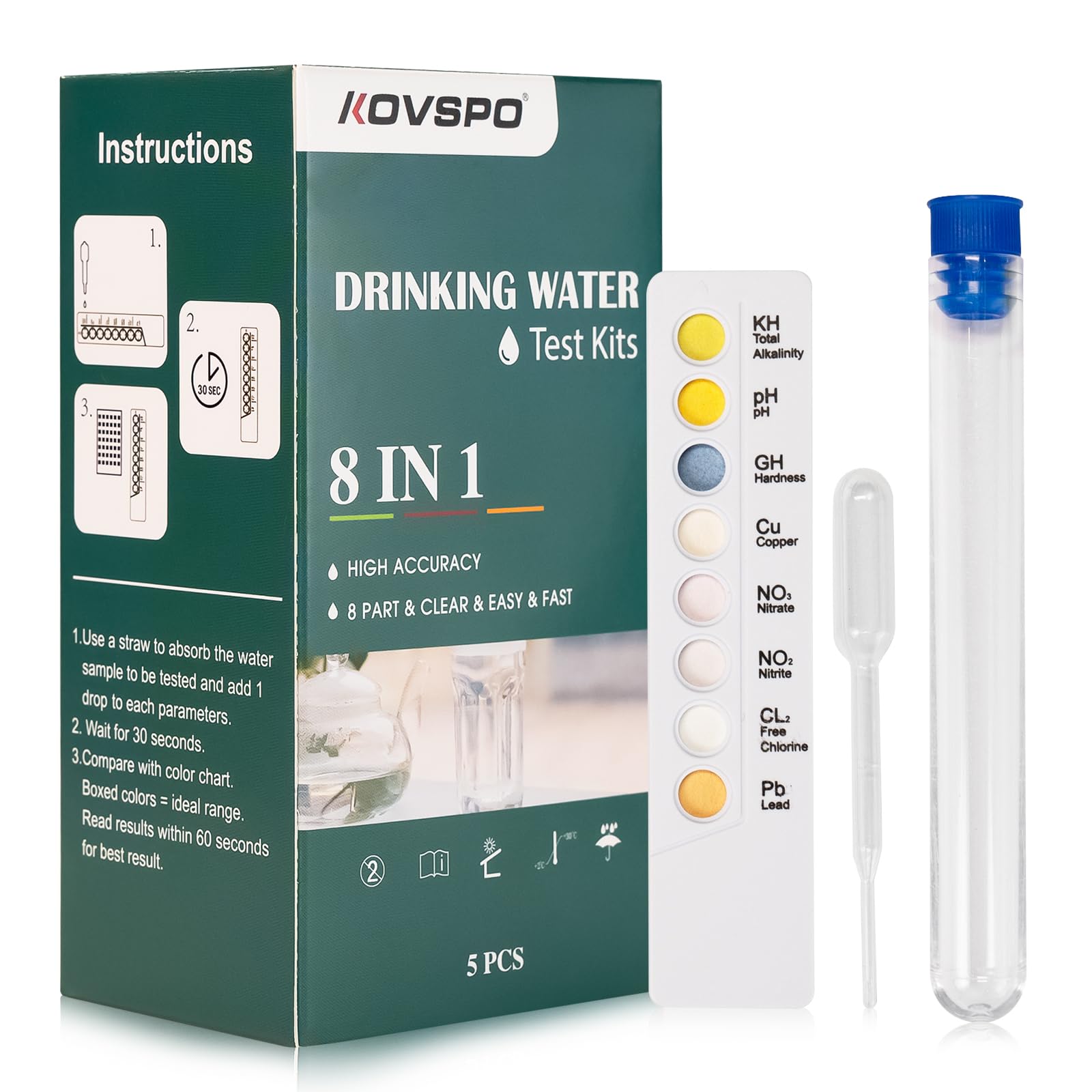 Photo 1 of Water Testing Kits for Drinking Water: 5 Strips 8 in 1 Well and Drinking Water Test Kit, Water Test Strips with Alkalinity, Lead, pH, Hardness, Copper, Nitrate, Nitrite & Chlorine