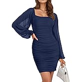 Women's White Black Pink Green Mesh Long Sleeve Square Neck Ruched Party Club Cocktail Bodycon Short Tight Prom Mini Dress Summer Spring Fall Sexy Classy Banquet Dress Teen Girl Grad Formal Dresses