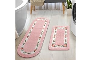 Drydiet 2 Pcs Rose Flowers Bathroom Rugs Set Coquette Room Decor Floral Rugs for Bathroom Bedroom Living Room,Non Skid Absorbent Romantic Rose Flower Area Rugs 2 Shapes(Pink,Large)