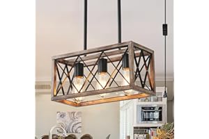 MUEOF Plug in Pendant Light，3-Light Dining Room Light Fixture Over Table,Plug in Chandelier for Kitchen Sink，Farmhouse Metal Kitchen Pendant Lighting Over Island, Wood Grain Finish.