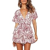 AIMCOO Women's Floral Print Deep V-Neck Romper Double Layer Ruffle Hem Jumpsuits Short Flare Sleeves Waist Tie Short Rompers
