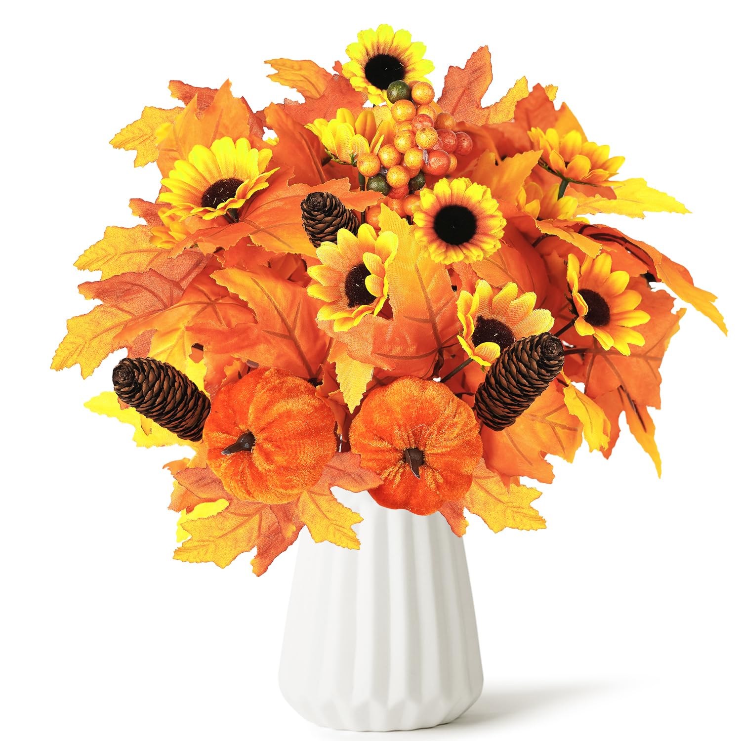 Miaikoe 2PCS Artificial Flower Decoration Maple Leaf Stem Pumpkin Branch Sunflower Berries Flower for Fall Thanksgiving Home Holiday Festival Decoration (Brown)