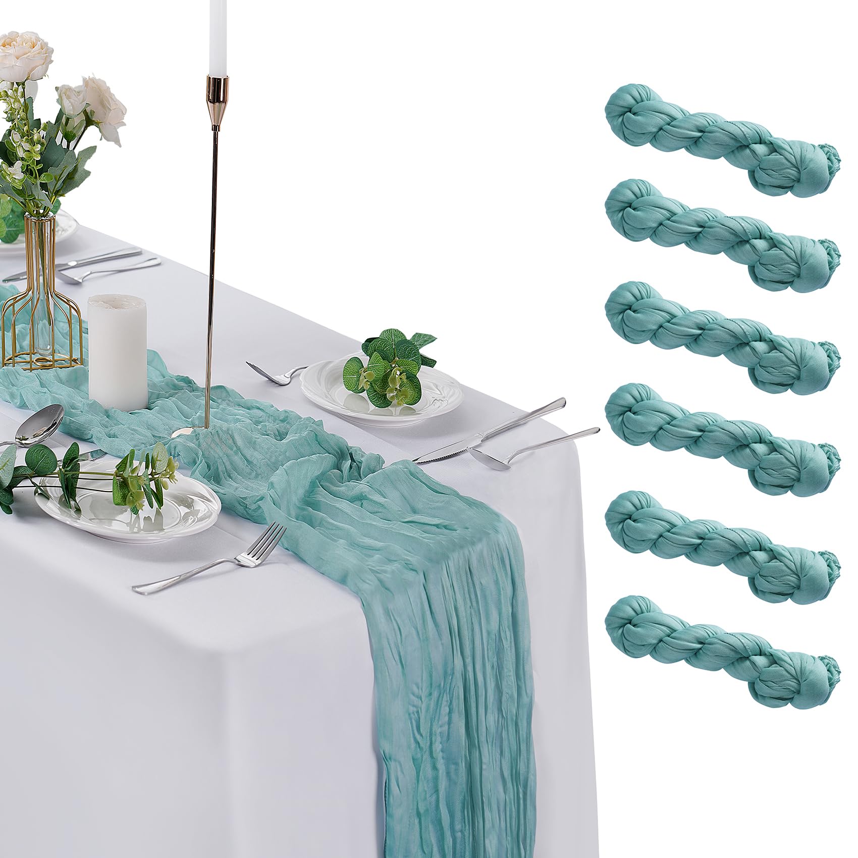 Photo 1 of flohar 6 Pack Grey Green Cheesecloth Table Runner 9ft,17 x 108 inch Gauze Table Runners Rustic Romantic Wedding Runner for Wedding Bridal Shower Fall Decoration
