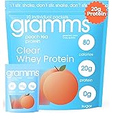 GRAMMS Clear Protein Powder Packets 20G Protein for Women & Men | Lactose Free, Grass-Fed Whey Isolate, Gluten Free, Zero Sugar, Gut Friendly, Non-Bloating (10 Servings) Peach Tea