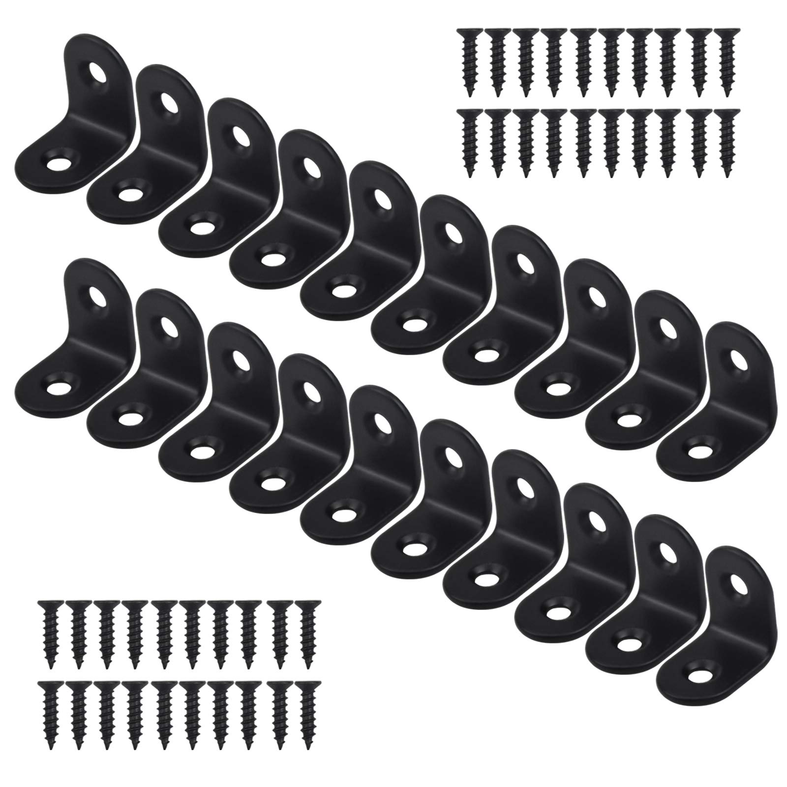 20Pcs Support Corner Brace, Small L-Shaped Right Angle Bracket Fastener, Stainless Steel Joint Angle Code, Corner Bracket Heavy Duty with 40Pcs Screws for Wood Chair Shelf Furniture, 20*20mm (Black)