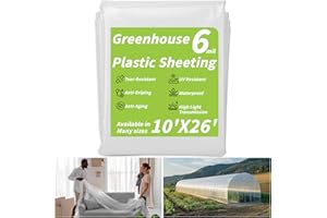 UZLU Greenhouse Plastic Sheeting 6 Mil, 10 x 26 FT Transparent UV Resistant Polyethylene Film, Tear-Resistant Green House Hoop Cover for Gardening, Farming, Nursery, Henhouse, Anti-Drip & Weatherproof