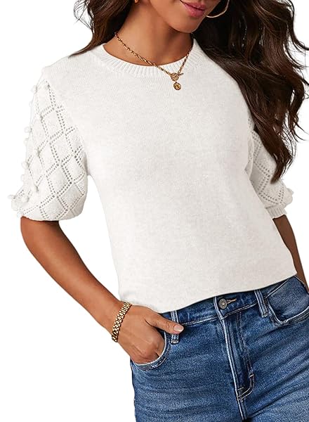 DOKOTOO WOMENS 2024 SPRING SUMMER PUFF SHORT SLEEVE SWEATER TOPS CREWNECK BASIC KNIT PULLOVER TUNIC ROUND NECK T SHIRTS LIGHTWEIGHT SOLID CASUAL FALL SWEATERS TRENDY BLOUSE WHITE SMALL