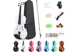 Oneder 4/4 Rainbow Violin Set Full Size Fiddle for Adults Beginners with Hard Case, Shoulder Rest, Rosin, Bow, Tuner, Extra Bridge Strings, 10 Music Stickers (White)