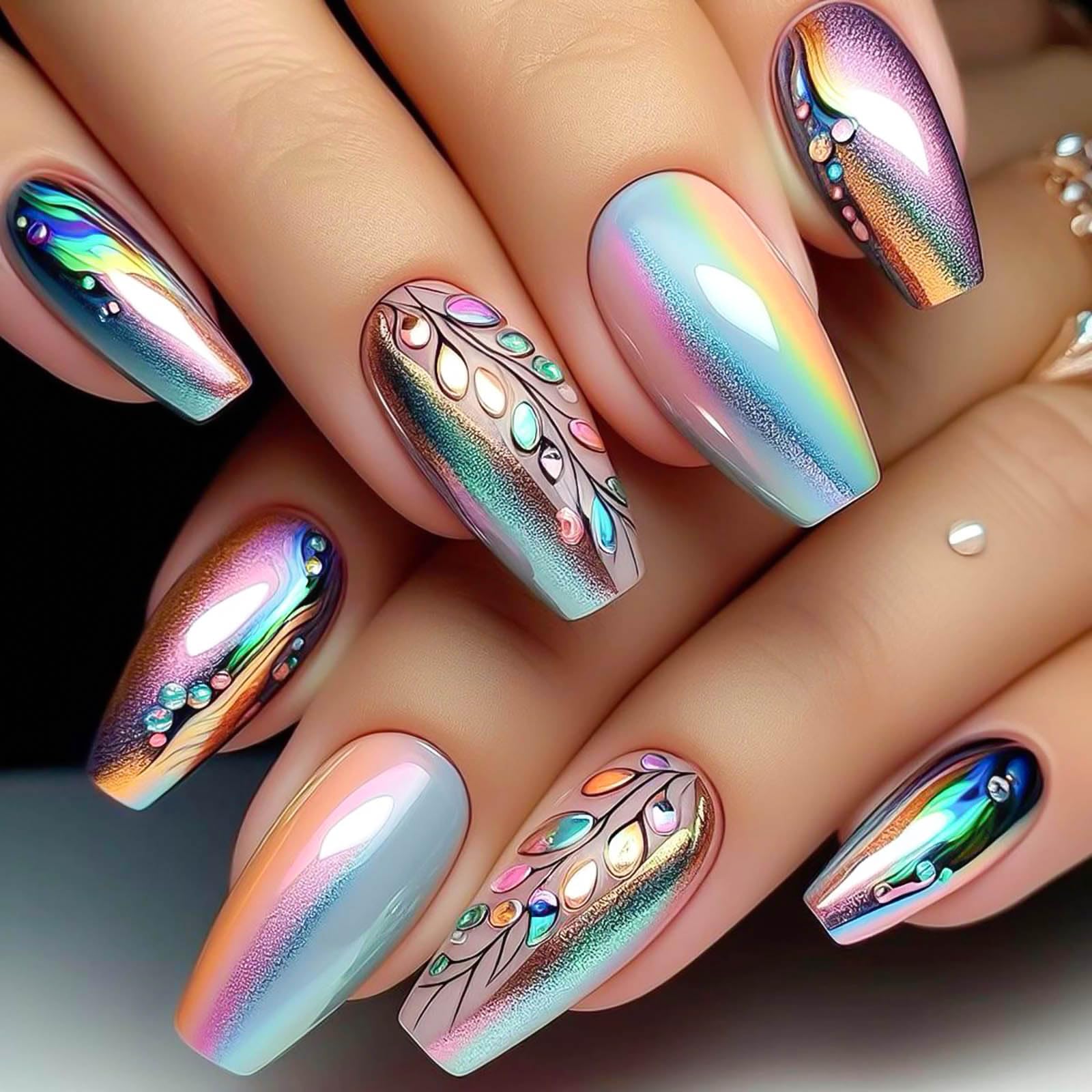 Photo 1 of RUOKEXIN Coffin Press on Nails Medium Length Fake Nails Sparkly False Nails with Designs Colorful Artificial Nails Glossy Glue on Nails Cute Stick on Nails for Women 24Pcs