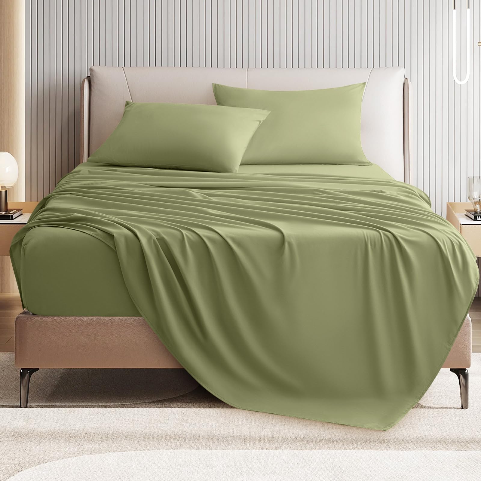 USXIBEI Twin Size 3 Piece Bed Sheet Set - Ultra Imitation Cotton-Premium Breathable & Cooling Sheets - Hotel Luxury Bed Sheets Deep Pocket up to 15"- Wrinkle, Fade, Stain Resistant (Olive, Twin)