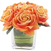 Fule Artificial Velvet Rose Flower Centerpiece Arrangement in vase for Home Wedding Decoration (Orange)