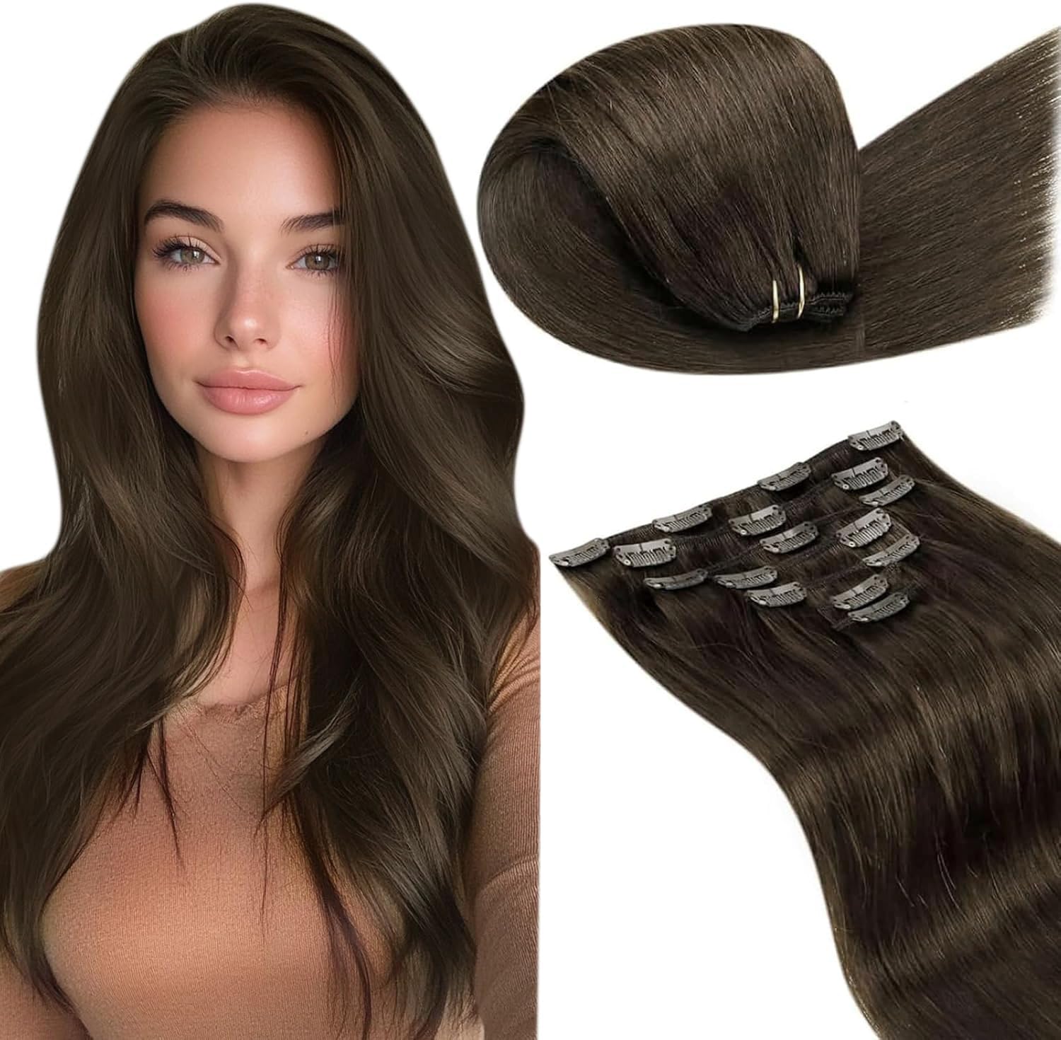 LaaVoo Hair Extensions Clip in Real Human Hair Brown Clip in Hair Extensions Dark Brown Full Head 18 Inch 120g 7pcs Remy Straight Hair Double Weft #4