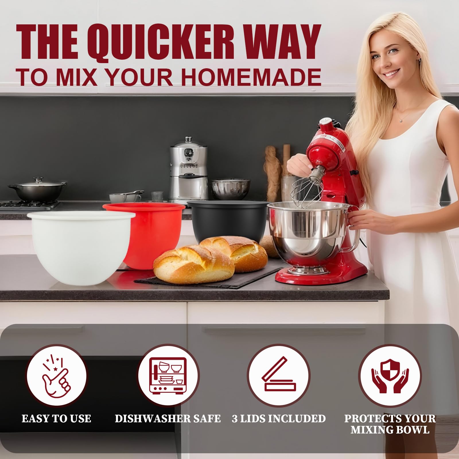 GuanQiao Silicone Bowl Liners for 5 Qt KitchenAid Mixers, 3 Liners with Lids