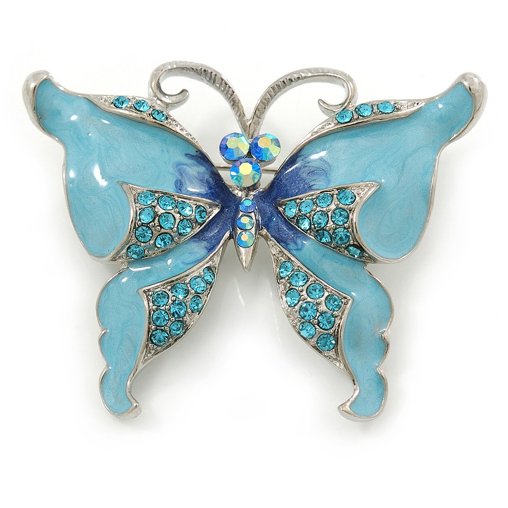 Sky Blue Enamel Crystal Butterfly Brooch In Rhodium Plating - 50mm W