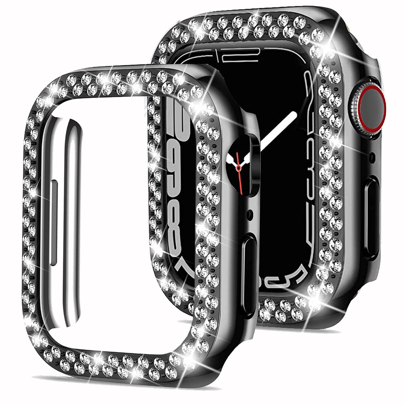 Miimall for Apple Watch Series 8/Series 7 45mm Case with Bling Crystal Rhinestone, Hard PC Bumper Anti-scratch Anti-drop Full Coverage Protective Cover for Apple Watch Series 8/Series 7-Black
