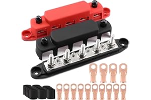 Tuijodaix 300A Bus Bar 5 Post 12V-48V DC Power Distribution Block,5 * 5/16"(M8) Battery Terminal Studs with Cover and Wire Lugs for Wiring,Automotive,Marine,Battery busbar (Red&Black)