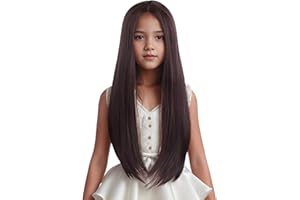 Edivd Dark Brown Wig for Child Kids Long Mixed Brown Straight Wig Girls Long Brown Middle Part Wig Heat Resistant Synthetic Wig with Wig Cap