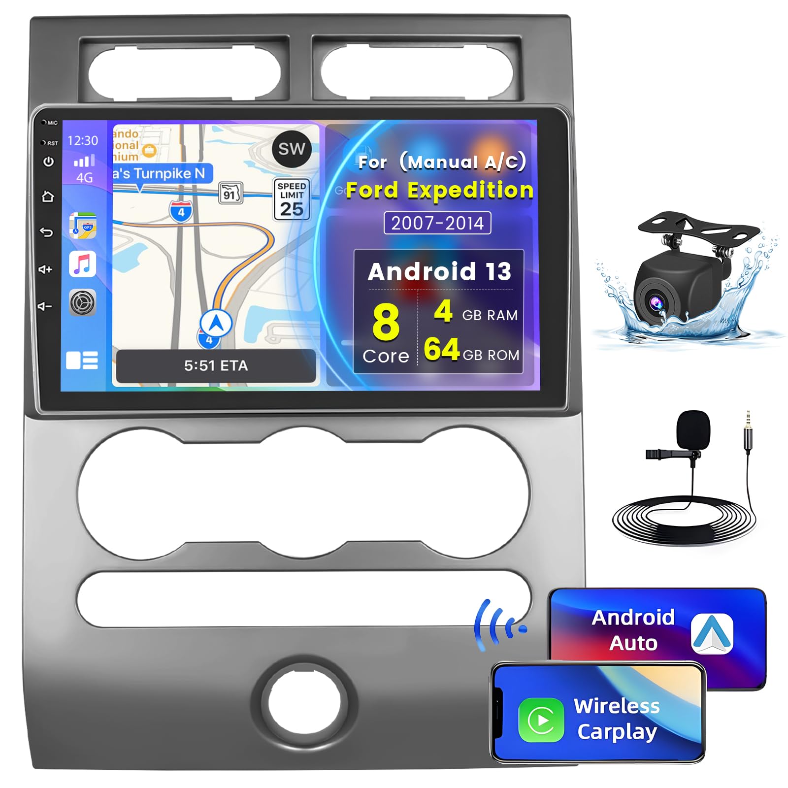 Photo 1 of Roinvou 8 Cores 4+64G Android Radio Upgrade for Ford Expedition 2007-2014(Manual A/C), 9'' HD Touchscreen with Wireless CarPlay Android Auto GPS Navi WiFi Backup Camera Mirror Link Bluetooth Mic RDS