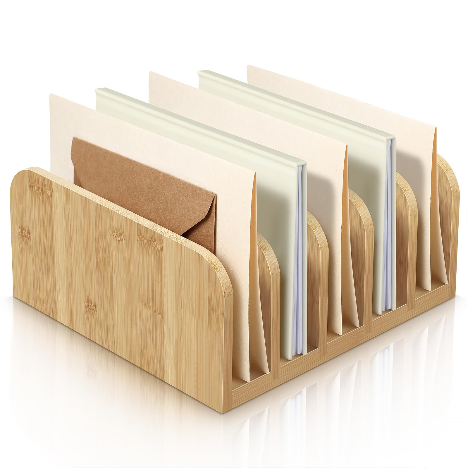 Photo 1 of Lineshading Desk Mail Organizer Bamboo File Holders Countertop Paper Organizer Letter Sorter 5 Compartments Envelope Holders with Anti Slip Mat for Home Office School Desktop Document Storage