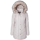 Women Longer Length Plush Lined Quilted Winter Puffer Coat Zip-Off Fur Trim Hood