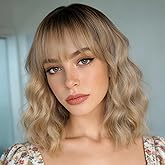 MINLEE Ombre Blonde Wig with Bangs for Women 14 Inch Short Bob Wavy Curly Wig Blonde Hair Wigs Natural Looking Heat Resistant Synthetic Wigs