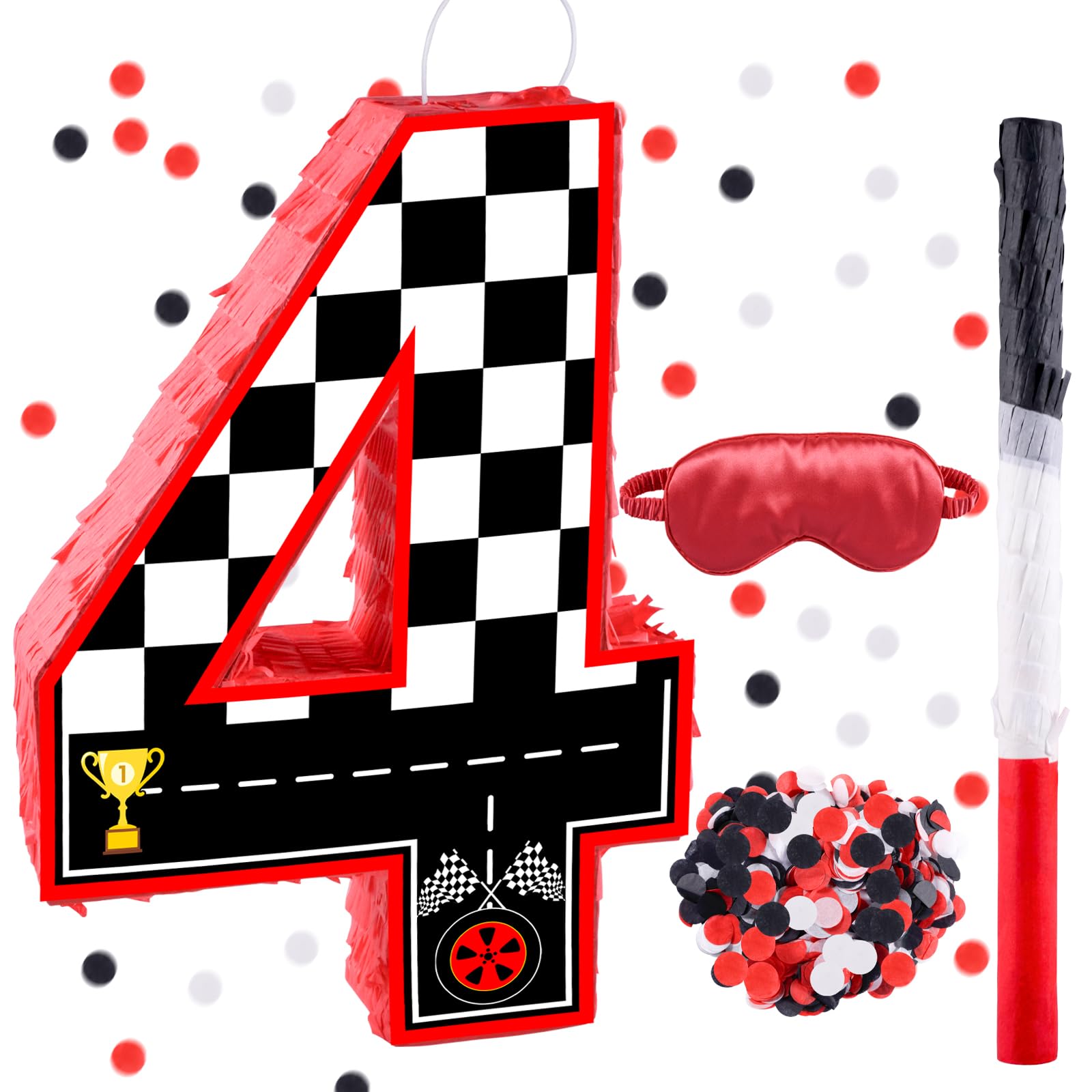 Photo 1 of 16 Inch Number 4 Race Car Pinata with 16 Inch Piñata Stick Blindfold Confetti for Boy Girl Kids 4th Birthday Party Decorations(4th)