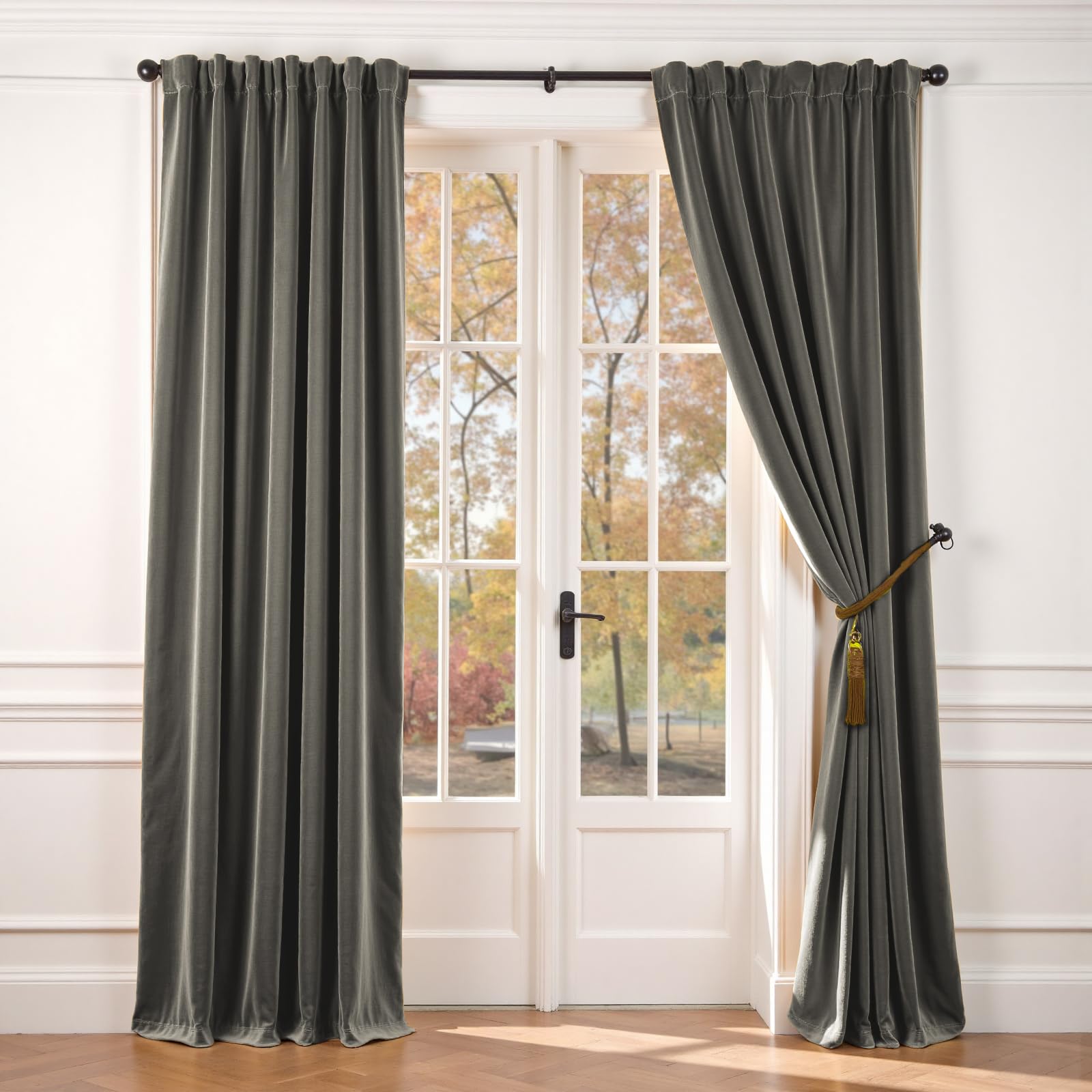 Lazzzy Velvet Blackout Curtains Thermal Insulated Room Window Drapes Super Soft Luxury Curtains for Living Room Bedroom Rod Pocket 2 Panels, Grey, 62" W x 90" L Image