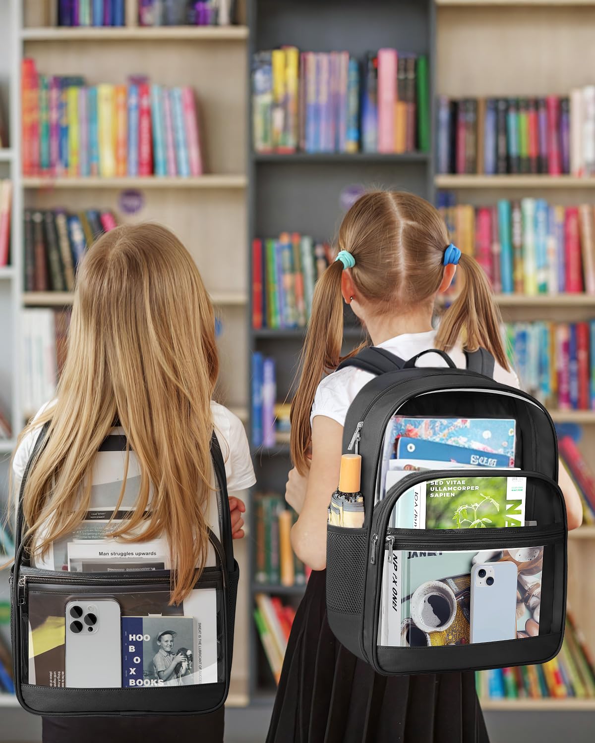 KIMNERPU Clear Backpack, Heavy Duty Transparent Bookbag for School, Fabric & PVC Transparent Backpack with Reinforced Strap for Women Men, Capacity Clear Bag for College, Travel, Security, Black