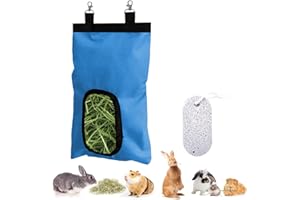 YOLAGGOY Rabbit Hay Feeder Bag, 2 Holes Hay Hanging Feeder Storage for Rabbit Guinea Pig Chinchilla, 600D Oxford Cloth Fabric with 1 Molar Stone (Blue, 1 Hole)