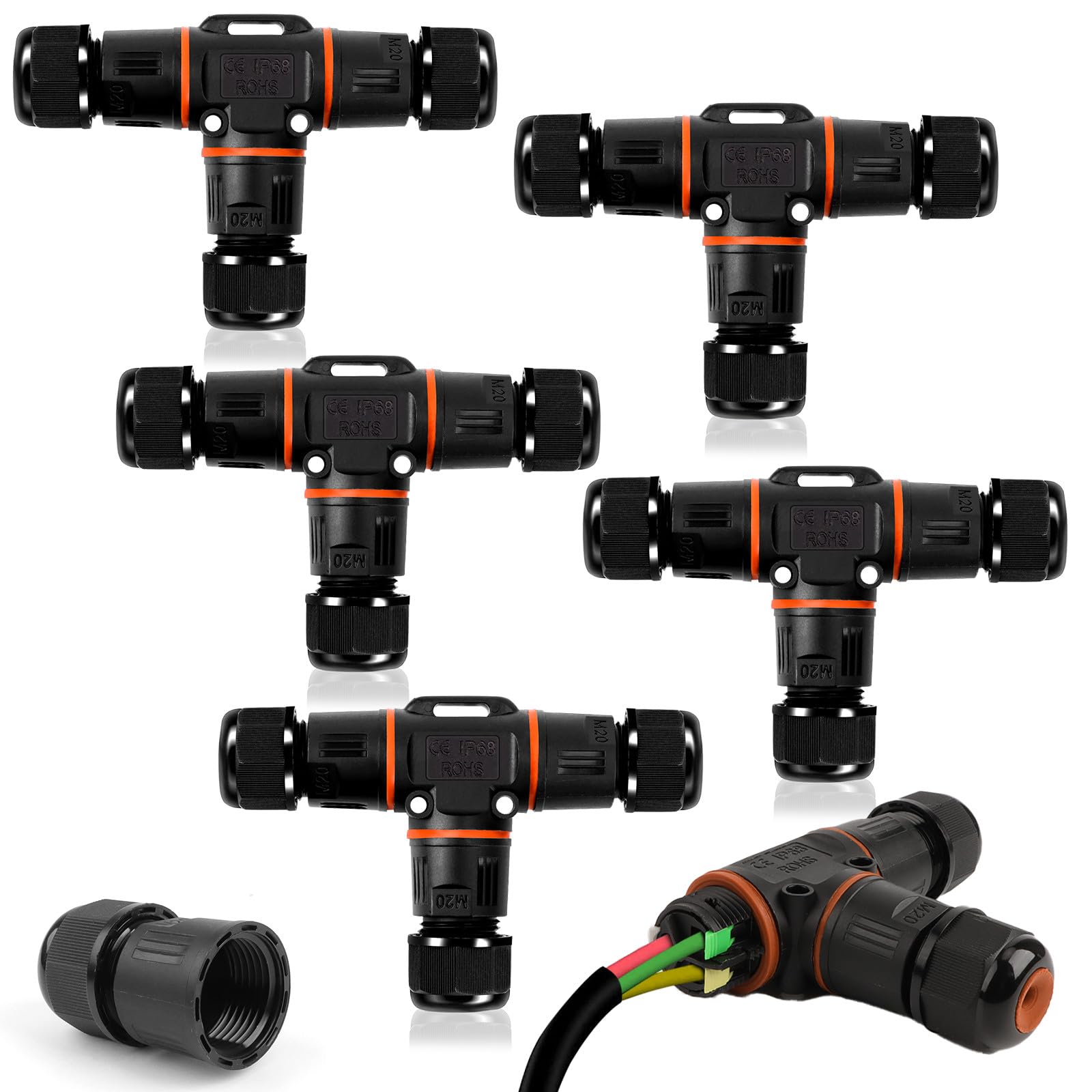 AOBOPLE Pack of 5 IP68 T-Shape Waterproof Junction Box Outdoor Cable Connector,3-Pin Waterproof Cable Protector for Diameter Ø3-12 mm,Use for Outdoor Billboards,Road Landscape Lights