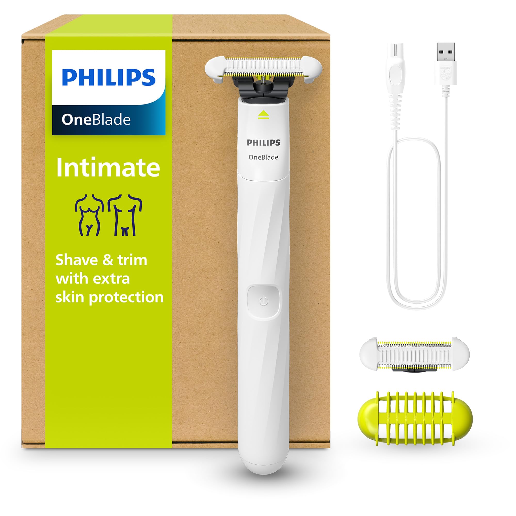 Philips OneBlade Intimate, Designed for Pubic Grooming, Trim and Shave with Extra Skin Protection, Model QP1924/30