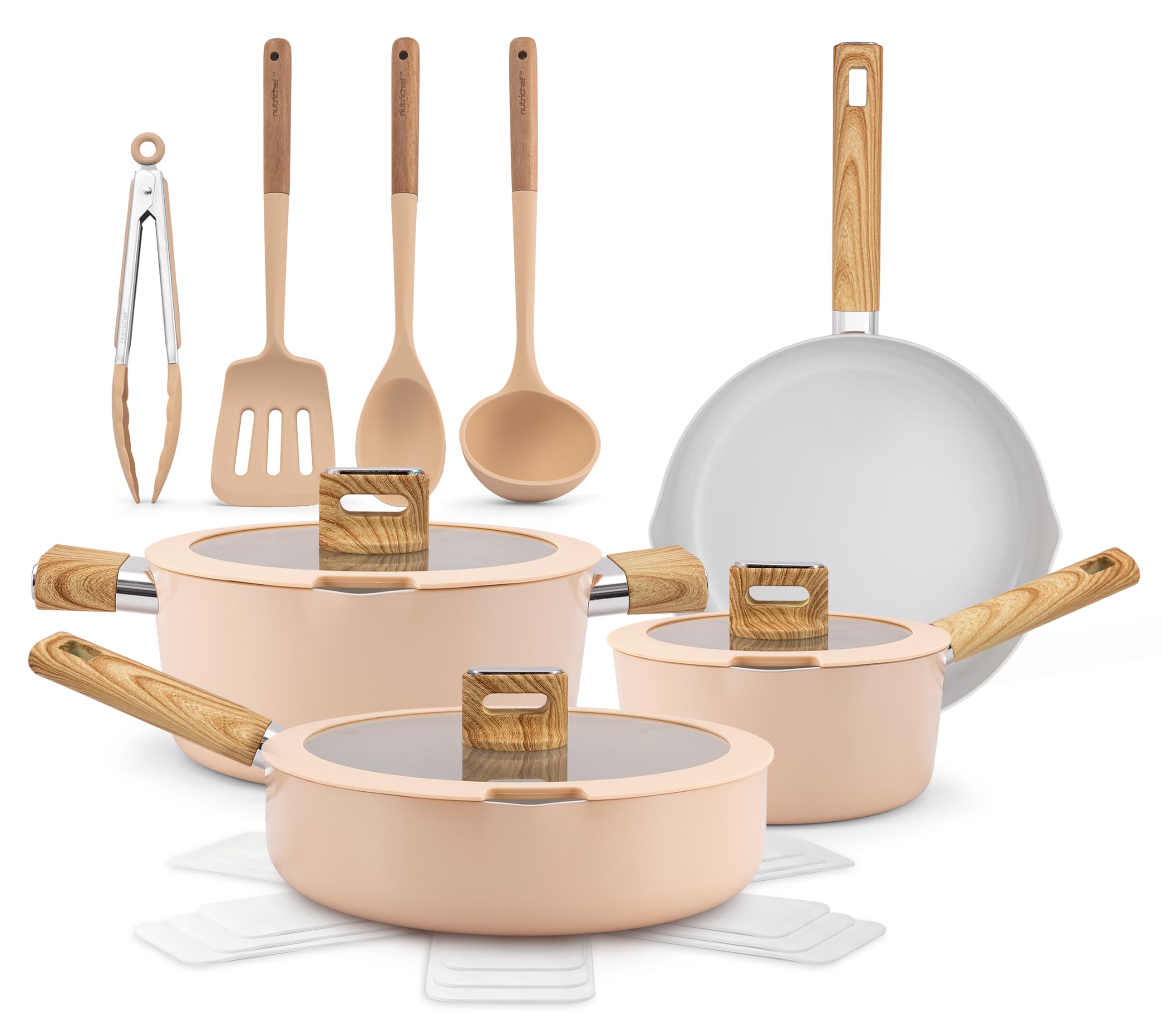 NutriChef 14-Piece Non-Stick Ceramic Cookware Set - Induction Safe Pots and Pans with Glass Lids, Cool-Touch Handles, Even Heat Distribution, Dishwasher Safe, Includes Ladle, Tong, Spatula (Pink) Image
