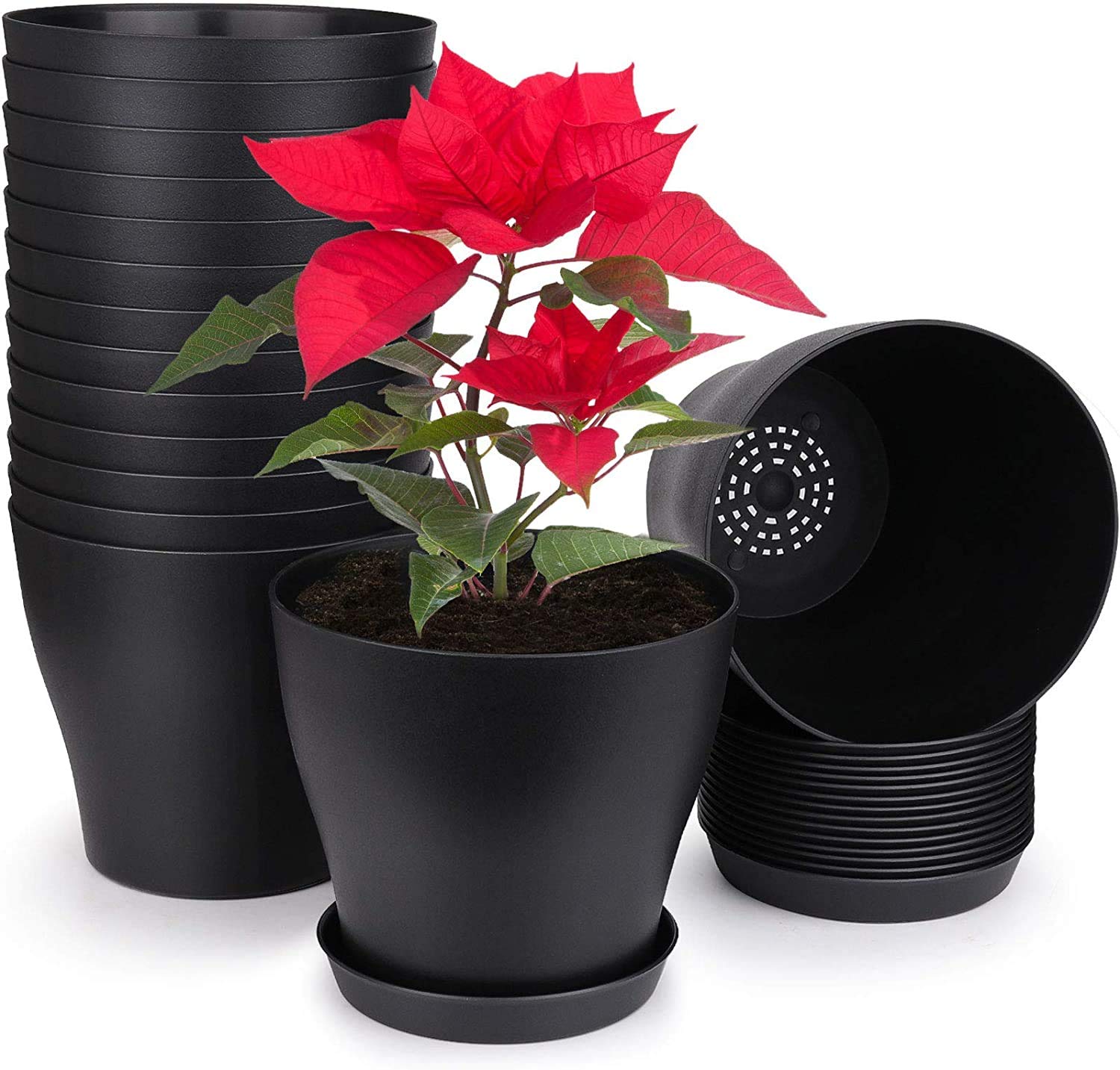 KAHEIGN 10Pcs 14CM Plastic Plant Pots Plant Container Indoor Flower Pots with Pallet Trays for Office House (14cm x 12cm, Black)