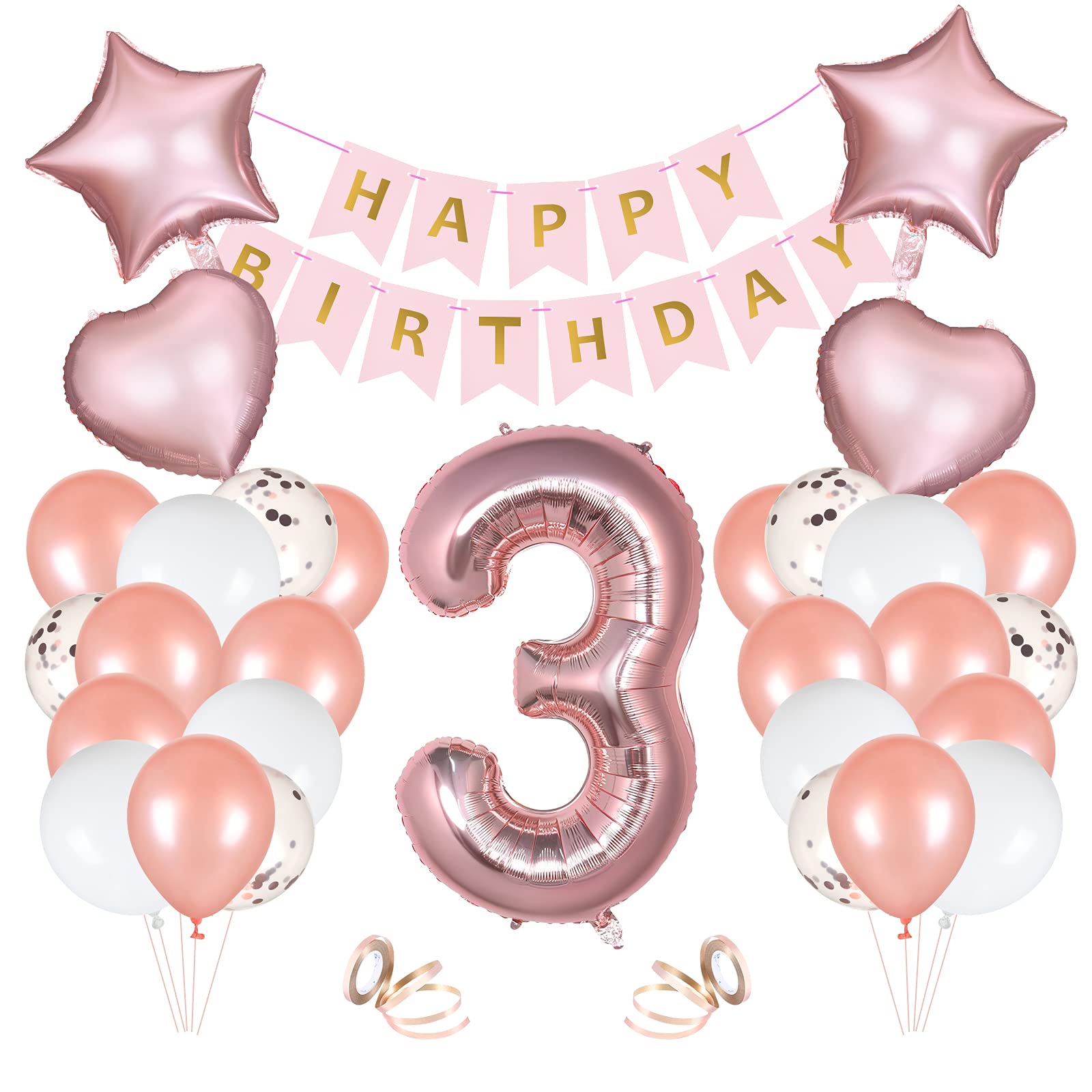 Vicloon 3rd Birthday Party Decoration，Happy Birthday Banner Rose Gold Decoration Pack Boys Girls, Number 3 Balloon Latex and Foil Balloons for Shower Anniversary Wedding