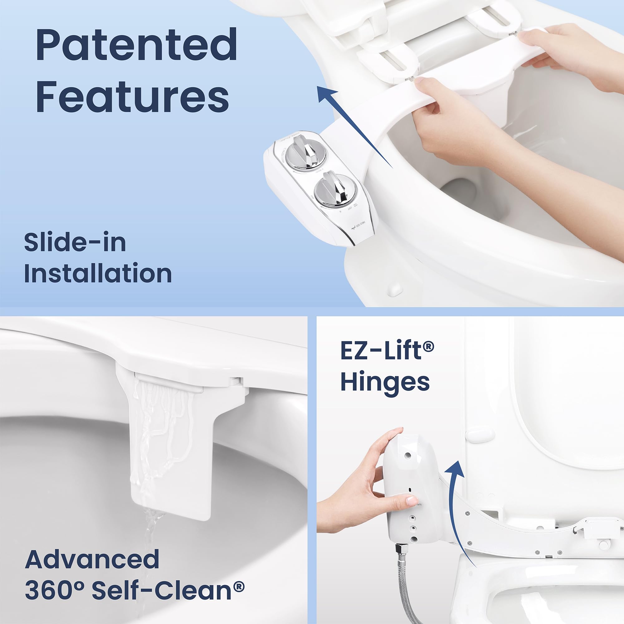 LUXE Bidet NEO 120 Plus - Single Nozzle, Non-Electric Bidet Attachment for Toilet Seat, Patented Slide-In Install, 360° Self-Clean, EZ-Lift to Clean, Rear Wash (Chrome)