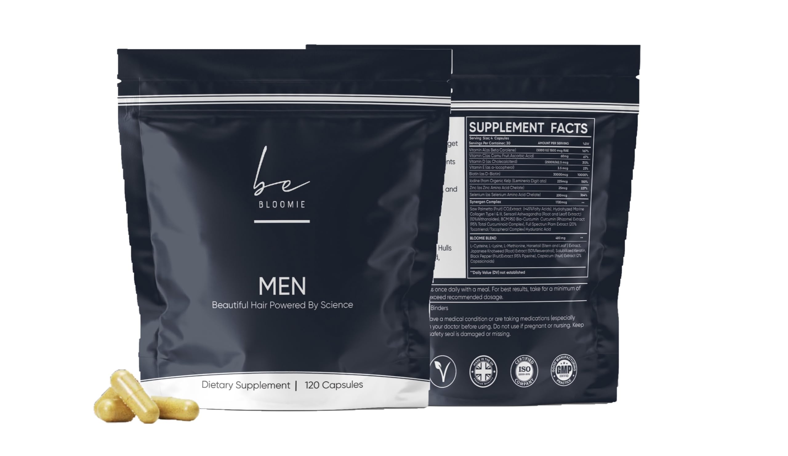 beBloomie Men's Hair Growth Vitamin Supplements Capsules, Clinically Tested for Visibly Thicker Hair and Scalp Coverage, Dermatologist Recommended - 1 Month Supply